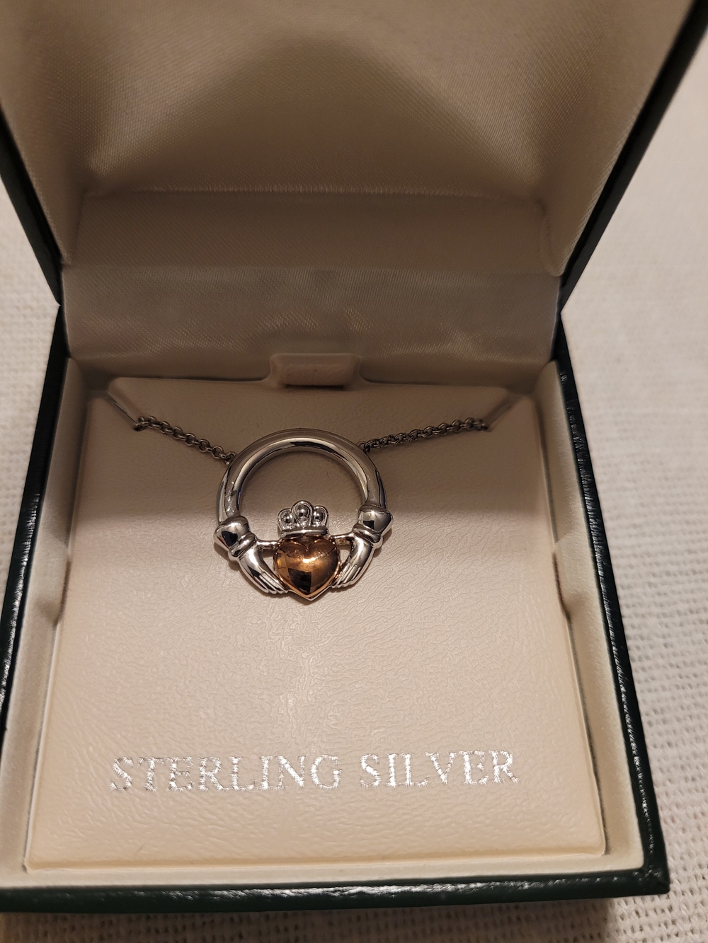 Two-Tone Claddagh Necklace with Rose Gold Heart Accent